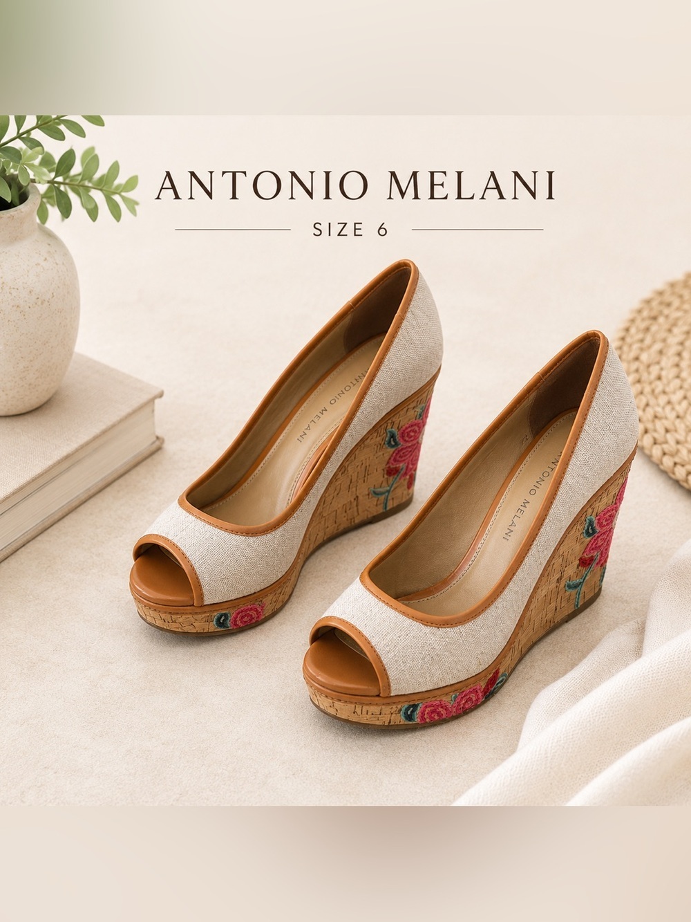 Antonio Melani Embroidered Cork Wedge Peep Toe Heels Size 6